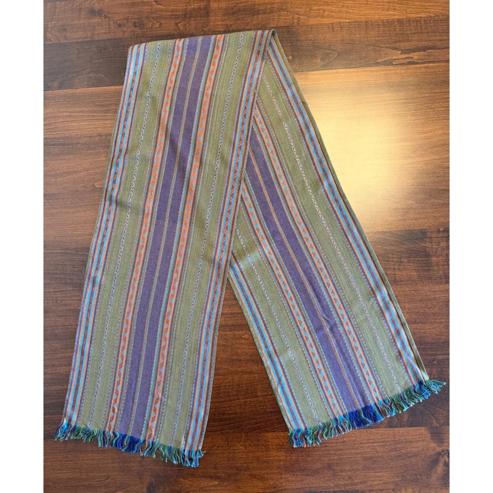Vintage 1989 Liz Claiborne Rayon Scarf Stripe Fringe Green Purple Boho Southwest
